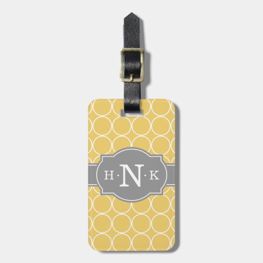 Grijze monogram voor Girly Yellow Circle Pattern Bagagelabel (Voorkant verticaal)