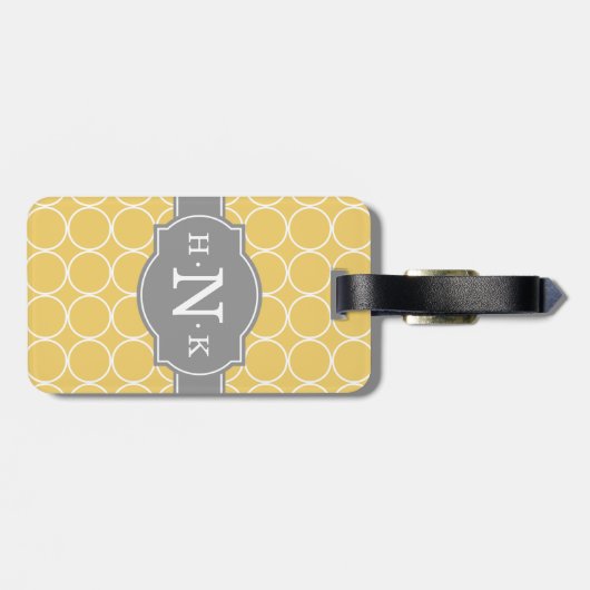 Grijze monogram voor Girly Yellow Circle Pattern Bagagelabel (Achterkant horizontaal)