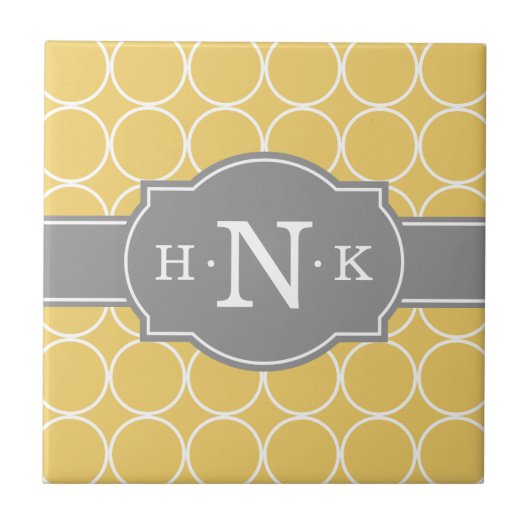 Grijze monogram voor Girly Yellow Circle Pattern Tegeltje (Voorkant)