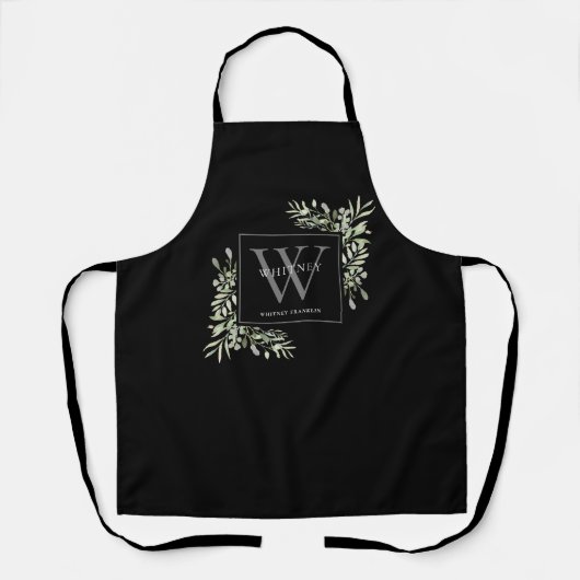 Grijze monogram Waterverf Greenery Leaves Black Schort (Voorkant)