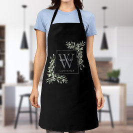 Grijze monogram waterverf groen blad zwart schort