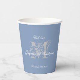 Grijze Monogram Wit Schrift Stof Blauw Bruiloft Papieren Bekers