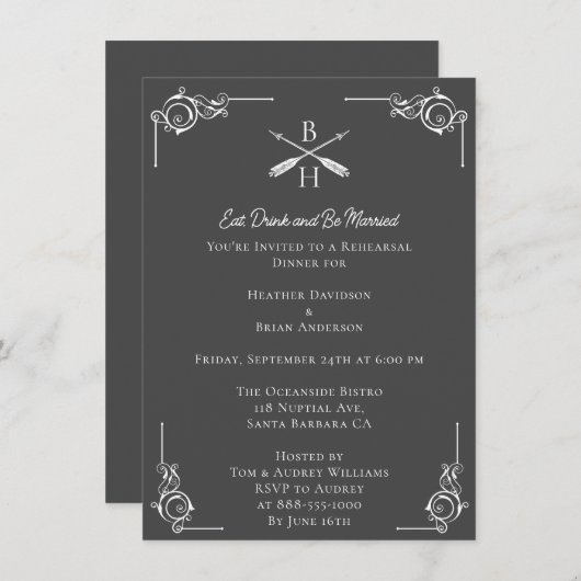 Grijze Monogrammen en pijlen repetitie diner Kaart (Voorkant / Achterkant)