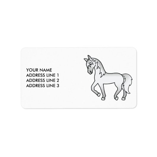 Grijze Moppige Cartoon Dravende Paard & Aangepaste Etiket (Voorkant)