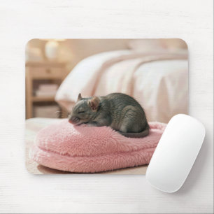 Grijze muis die slaapt op een roze pantoffel muismat