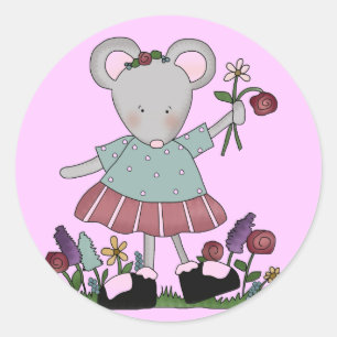 Grijze muis in Flower Garden T-shirts en geschenke Ronde Sticker