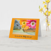 Grijze muis met kaas verjaardag kaart (Gele Bloem)