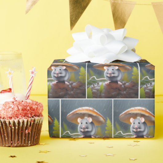 Grijze muis onder een paddestoel cadeaupapier (Verjaardagsfeest)