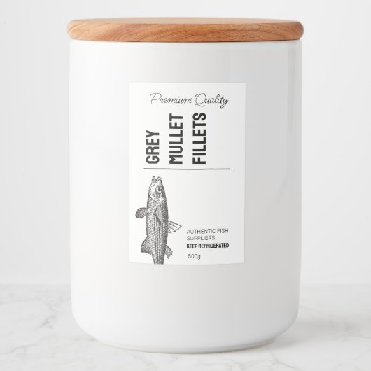 Grijze Mullet Visfilets Productlabel Voedselcontainer Etiket (Voorkant)