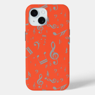 Grijze muzieknoten op Sinaasappel iPhone 15 Case