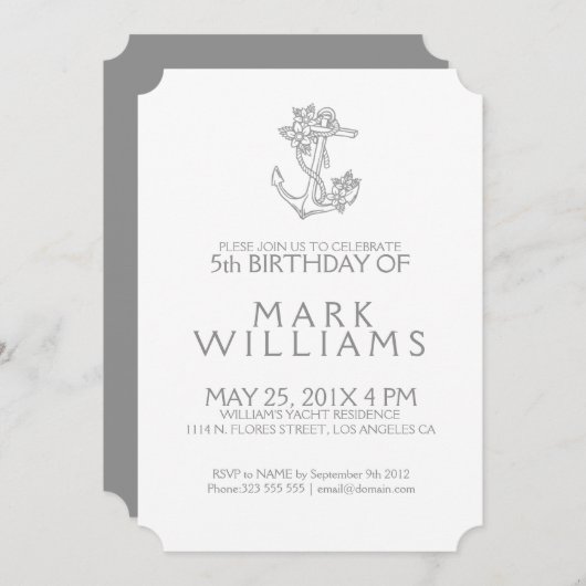 Grijze nautische bloemanker uitnodiging voor verja (Voorkant / Achterkant)