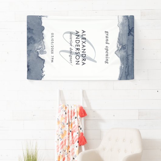 Grijze Navy Waterverf Monogram Grand Opening Spandoek (Insitu)
