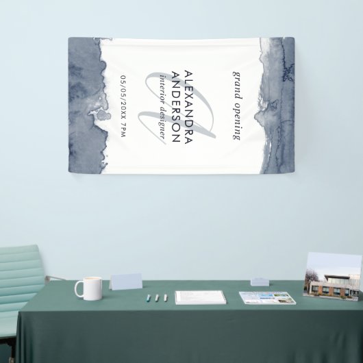 Grijze Navy Waterverf Monogram Grand Opening Spandoek (Beurs)
