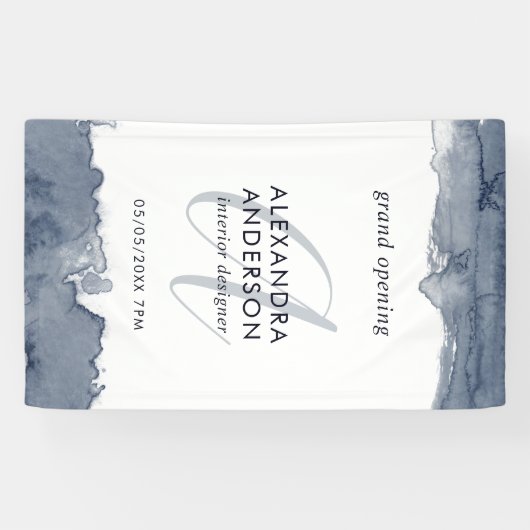 Grijze Navy Waterverf Monogram Grand Opening Spandoek (Horizontaal)