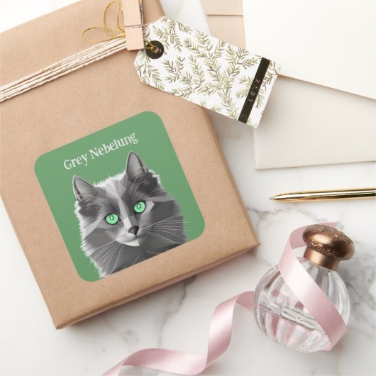 Grijze Nebelung Cat met aangepaste woorden Vierkante Sticker (Geschenken)