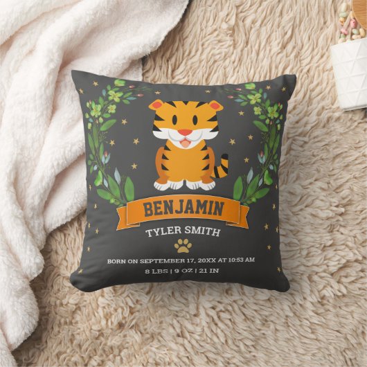 Grijze Oerwoud Safari Tiger Baby Boy Birth Stats Kussen (Deken)