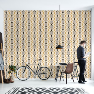 Grijze Oker Mosterd Geel Ivoor Ogee Wave Patroon Behang