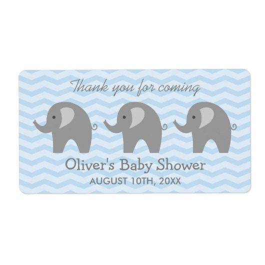 Grijze olifant baby shower waterfles stickers (Voorkant)