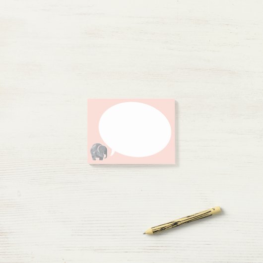Grijze olifant met spraakbelletje op Shell Roze Post-it® Notes (Op bureau)