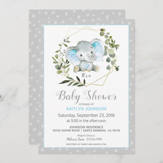 Grijze olifant Modern Baby shower Kaart (Voorkant / Achterkant)