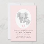 Grijze olifant moeder & baby jongen douche roze kaart (Voorkant)