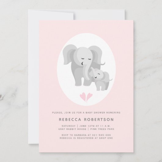 Grijze olifant moeder & baby jongen douche roze kaart (Voorkant)