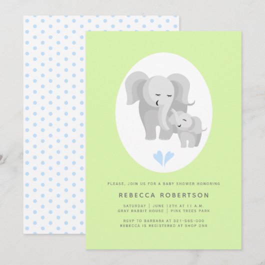 Grijze olifant moeder en babyjongen douchen licht  kaart (Voorkant / Achterkant)