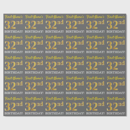 Grijze, onechte gouden look "32e BIRTHDAY" Cadeaupapier (Vlak)