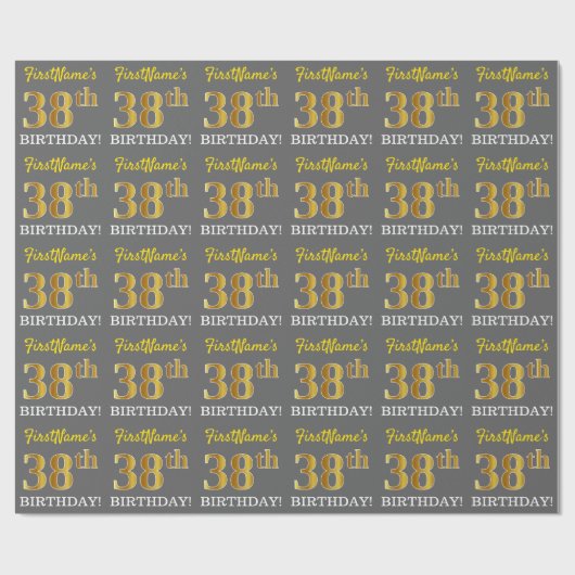 Grijze, onechte gouden look "38e BIRTHDAY" Cadeaupapier (Vlak)