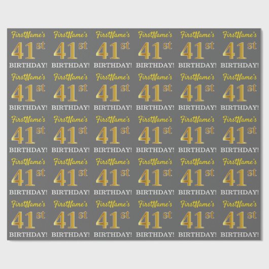 Grijze, onechte gouden look "41ste BIRTHDAY" Cadeaupapier (Vlak)