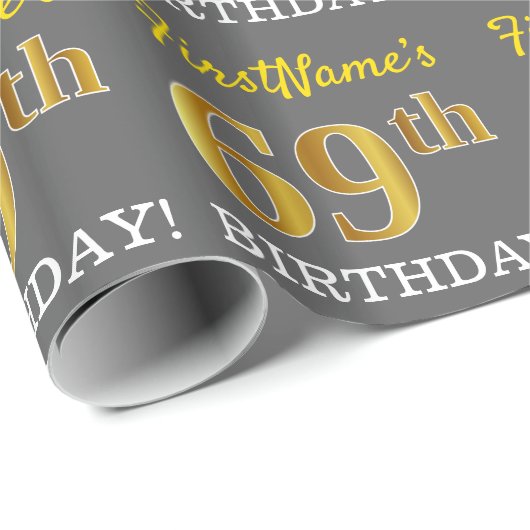 Grijze, onechte gouden look "69e BIRTHDAY" Cadeaupapier (Rol Hoek)