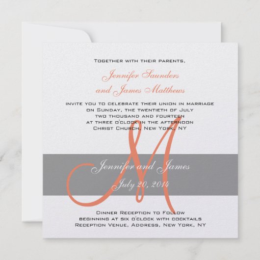 Grijze Oranje uitnodiging tot bruiloft | Monogram (Achterkant)