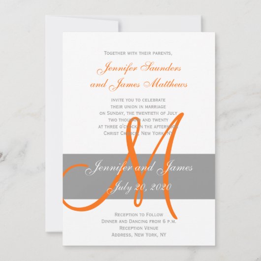 Grijze Oranje uitnodiging tot bruiloft | Monogram  (Achterkant)