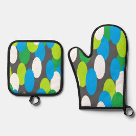 Grijze Ovenwanten & Potholder met Groen Blauwe Ova Ovenwant & Pannenlap Set
