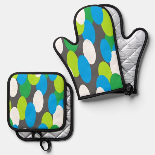Grijze Ovenwanten & Potholder met Groen Blauwe Ova Ovenwant & Pannenlap Set (Voorkant / Achterkant)