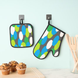 Grijze Ovenwanten & Potholder met Groen Blauwe Ova Ovenwant & Pannenlap Set