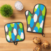 Grijze Ovenwanten & Potholder met Groen Blauwe Ova Ovenwant & Pannenlap Set (Top down)