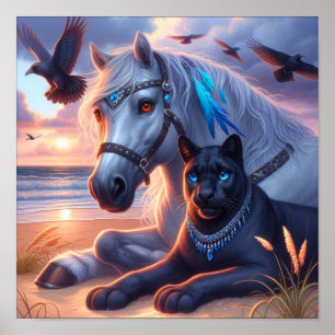 Grijze paard Zwarte panter Poster