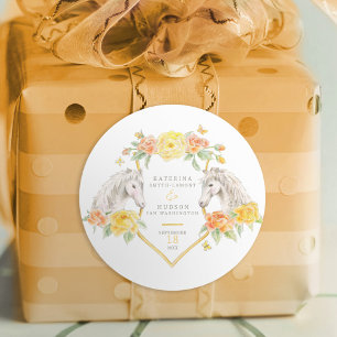 Grijze paarden en gele rozen monogram bruiloft ronde sticker