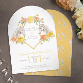 Grijze paarden en gele rozen monogram trouwboog kaart