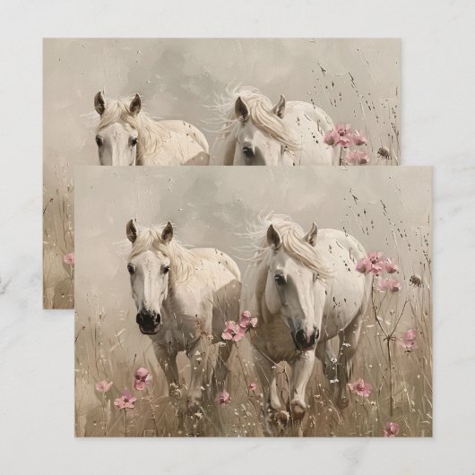 Grijze Paarden Roze Bloemen Olieverfschilderij Briefkaart (Voorkant / Achterkant)