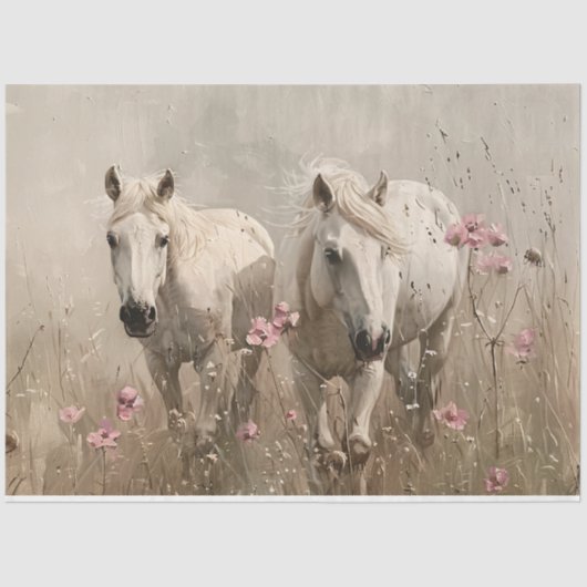Grijze Paarden Roze Bloemen Olieverfschilderij Dec Tissuepapier (Voorkant)