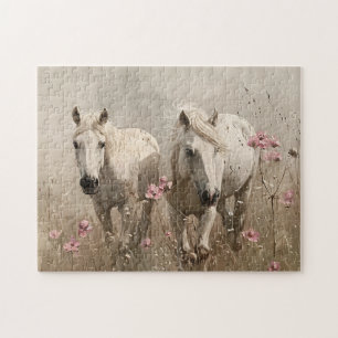 Grijze Paarden Roze Bloemen Olieverfschilderij Legpuzzel