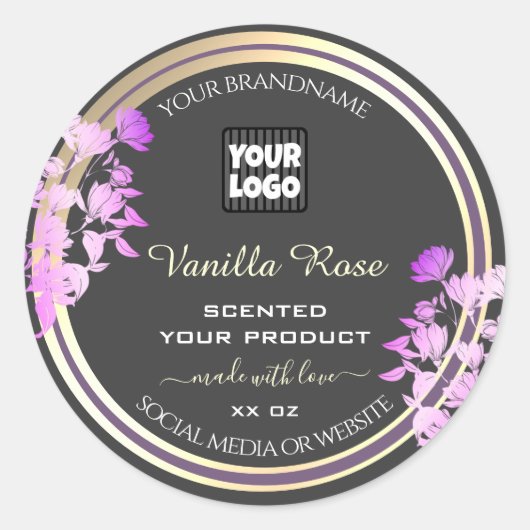 Grijze Paarse goudetiketten Aangepaste Logo Ronde Sticker (Voorkant)