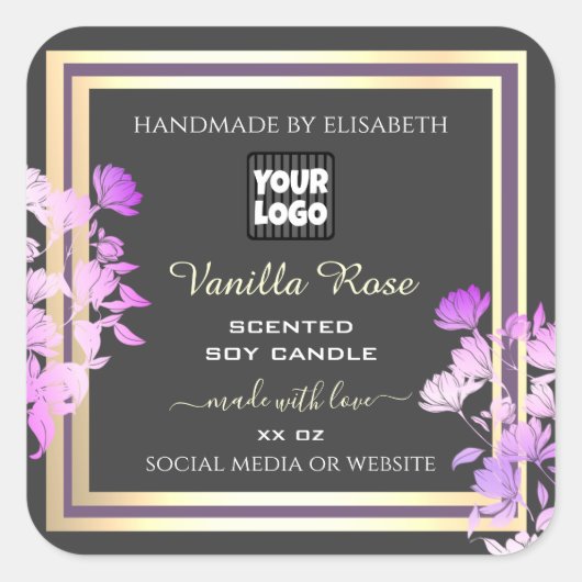 Grijze Paarse goudetiketten Aangepaste Logo Vierkante Sticker (Voorkant)
