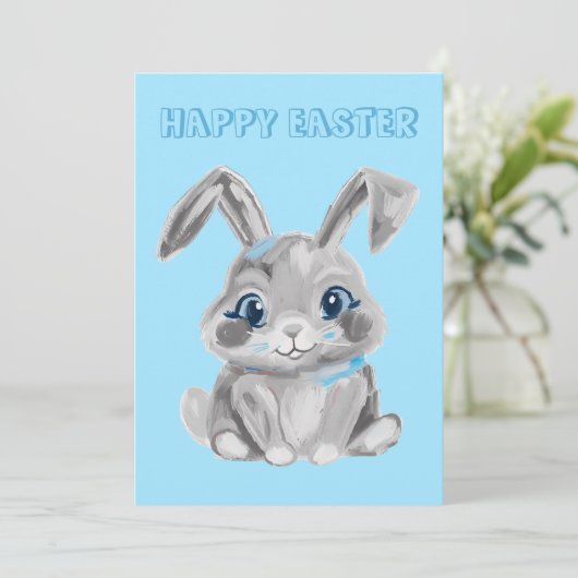 Grijze paashaas kleuterschool leraar blauw Pasen Feestdagenkaart (Staand voorkant)