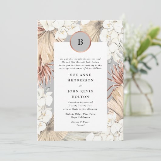 Grijze Pampas Ultimate Roos Gold Foil Wedding Kaart (Staand voorkant)