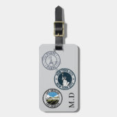 Grijze paspoortstempels monogram initialen bagagelabel (Voorkant verticaal)