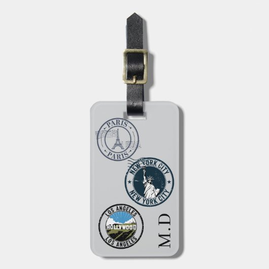 Grijze paspoortstempels monogram initialen bagagelabel (Voorkant verticaal)