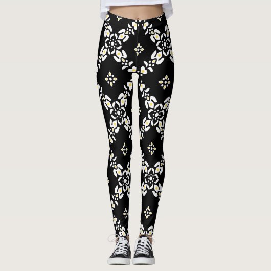 Grijze patronen bladeren bloemen leggings (Voorkant)